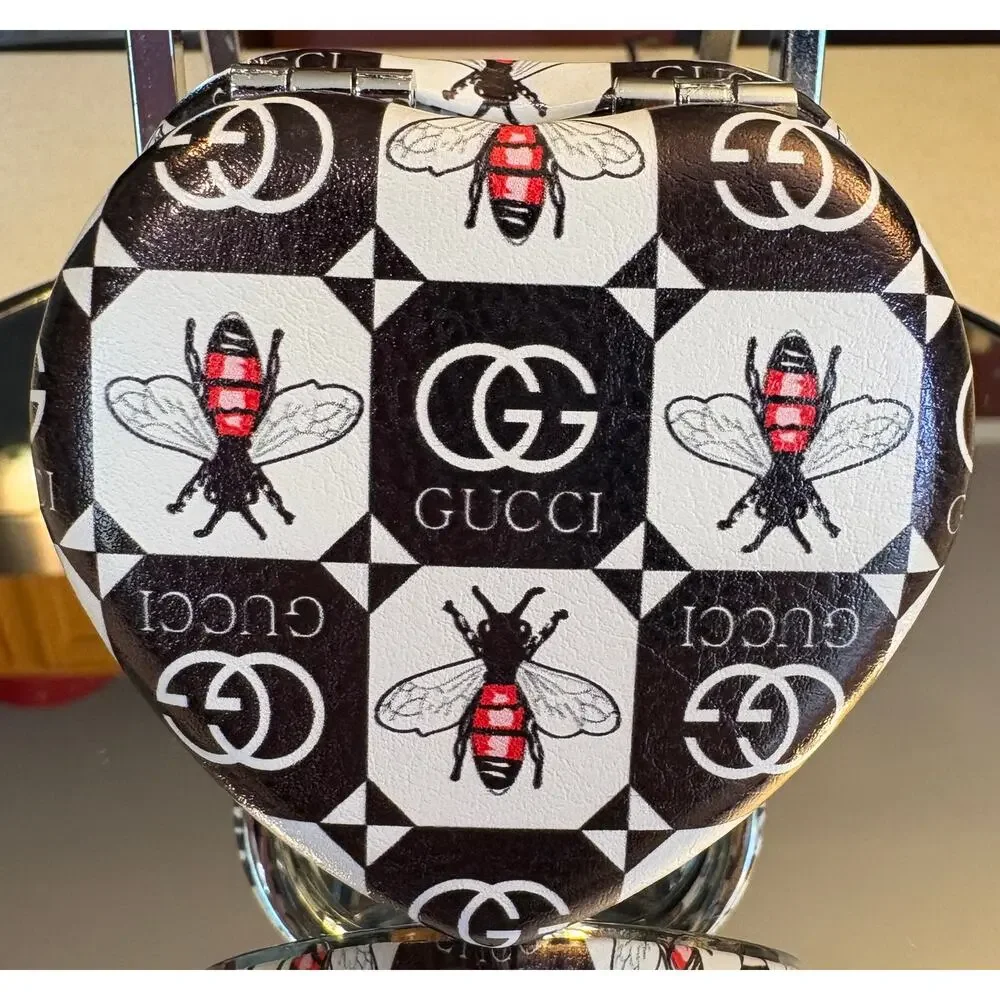 COMPACT MIRROR: Heart-Shaped Black, White, & Red w/Bee Design, NWOT